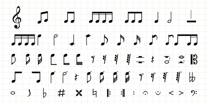 Sheet with various music notes and symbols. Music notes, symbols, and notation fill the sheet. Musical symbols and notes for music notation practice. Music elements, vector set.