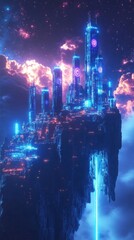 Obraz premium Design a CG 3D image of a futuristic city floating in deep space, powered by an ethereal energy force, illuminated by neon blue and violet holograms