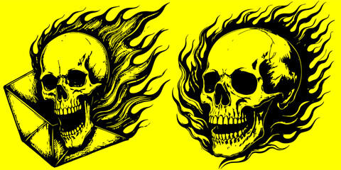 Two skulls with flames, one inside an envelope, on a bright yellow background, creating a bold, edgy design.