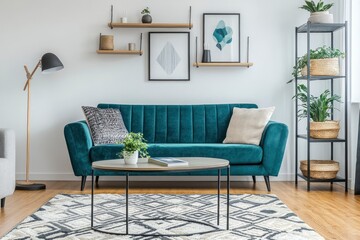 Living Room with Teal Sofa, Shelves, and Modern Geometric Rug