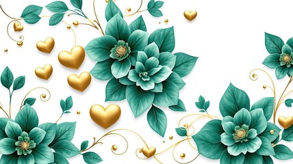 Teal Flowers Gold Hearts Elegant Floral Design Romantic Background