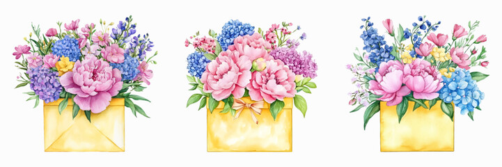 Watercolor set of bouquets with pink peonies, blue hydrangea and other flowers in a gift box. Floral bouquets with spring flowers in a festive box. Concept of gifts, holidays, etc.