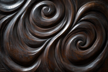 Swirling Wooden Carving Design. Wooden carving with swirling patterns, ideal for artistic or decorative use.