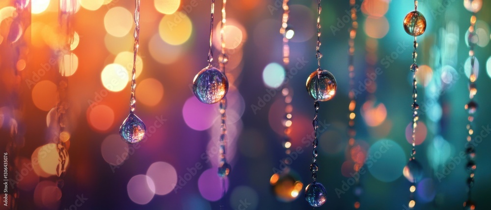 Poster abstract shimmering light orbs and beaded strands creating a magical bokeh background with vibrant c