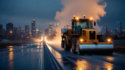 Close-Up View of a Road Paver Machine Working on a Damp Road