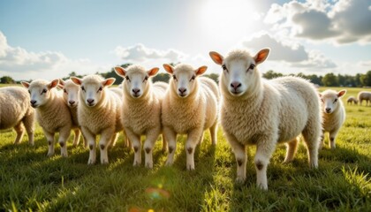 Fototapeta premium A group of fluffy white sheep, with their curious faces and ears perked up, stand grazing in a lush green pasture as the sun bathes the scene in a warm golden light