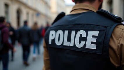 Close-up View of a Police Officer's Back During a Public Event for Security