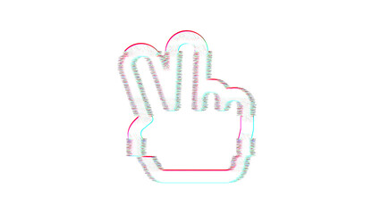 Icon hand peace is distorted. Glitch. Noise, chromatic aberration, geometric distortion