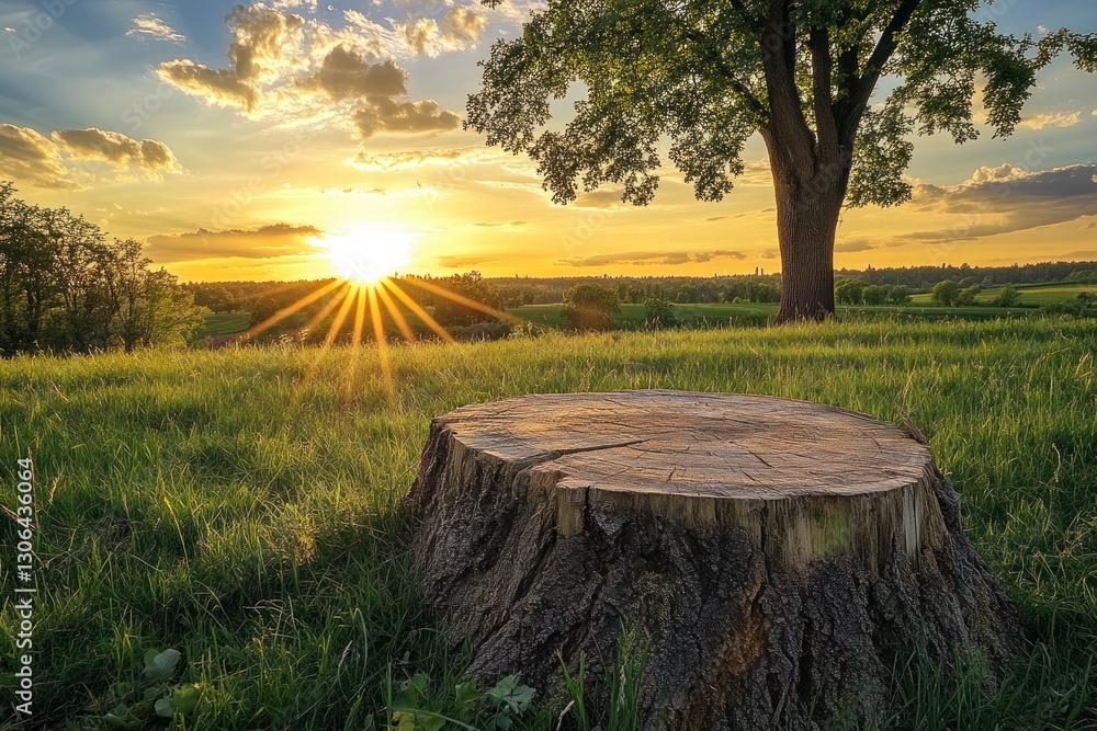 Poster tree stump in field at sunset with golden light and clouds