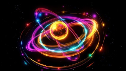 Obraz premium Vibrant, colorful, abstract illustration of a celestial atom or planet with glowing rings and trails in space.