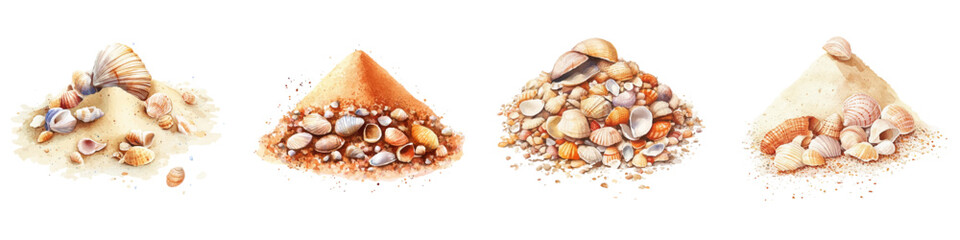 Watercolor set of beach sand with shells png. Watercolor pile of sand with seashells and stones. Sea and ocean beach elements. Vector illustration.