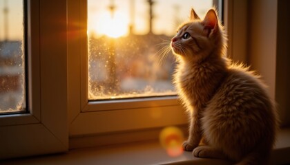 The adorable kitten, with its fluffy fur and bright eyes, is captured in a moment of playful curiosity as it watches the sun setting outside the window