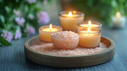 Beautifully arranged candles surrounded by sea salt for a relaxing spa-like atmosphere in a tranquil setting