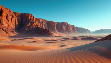 Fototapeta premium Stunning desert landscape with majestic sand dunes and rocky cliffs under clear blue sky