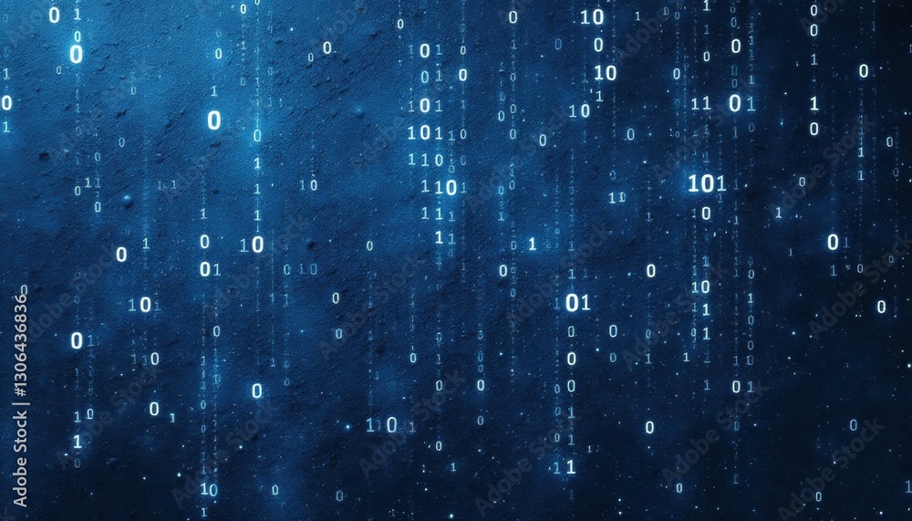 Poster Digital binary code rain over blue matrix background