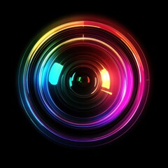 Vibrant colorful camera lens with glowing rainbow rings on black background.
