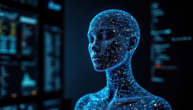 A digitally generated image depicting the composition of a human bust formed with binary coding and financial data processing