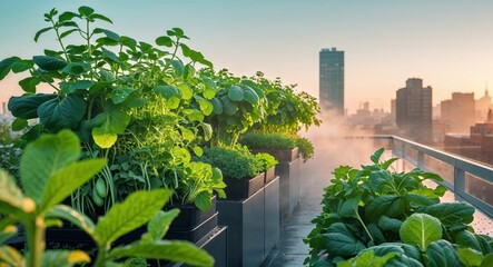 Urban Rooftop Hydroponic Farm at Sunrise