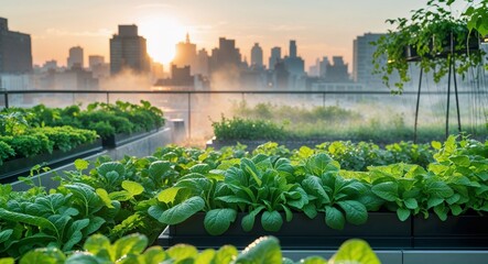 Urban Rooftop Hydroponic Farm at Sunrise.