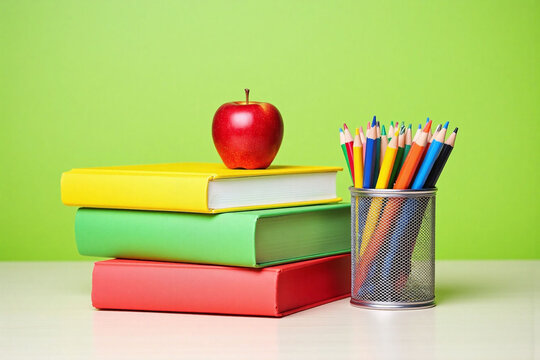 red apple sitting on top of a stack of books next to a cup of colored pencils