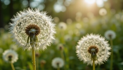 Obraz premium A close up photograph capturing the intricate details of dandelion clock parachutes in a local setting, with the focus on the delicate seeds ready to take flight.