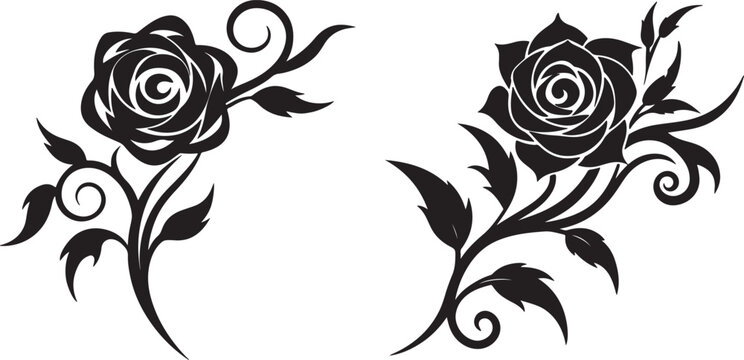 Floral vector design with ornate black swirls and leaf elements , Tribal Rose Tattoo Design, Black and White Vector with Swirling Vine Patterns on White Background.