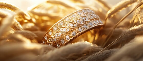 Elegant gold ring with diamond leaf pattern resting on soft, golden wheat Concept of luxury, jewelry, and natures beauty