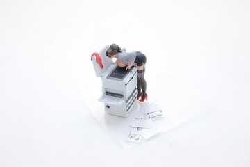 Office Scene with Woman Using Copier in Creative Pose