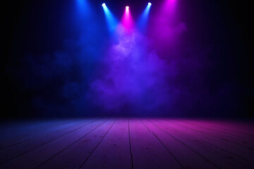 stage with spotlights and smoke on a wooden floor