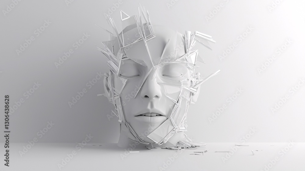 Poster a crystal-like face made entirely of transparent shards, 3d rendering style