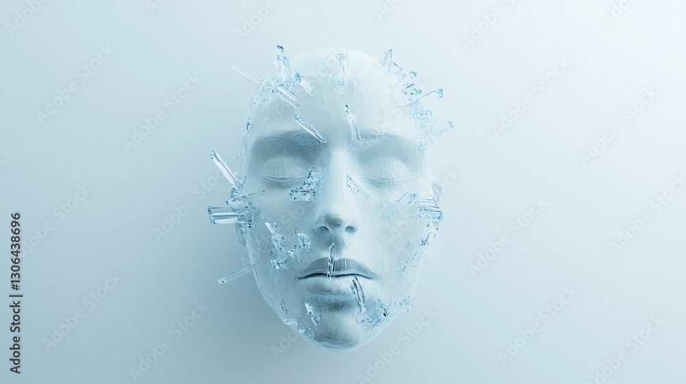 Poster a crystal-like face made entirely of transparent shards, 3d rendering style