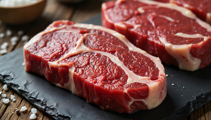 Gourmet ribeye steak showcasing marbling on black slate plate, culinary delight