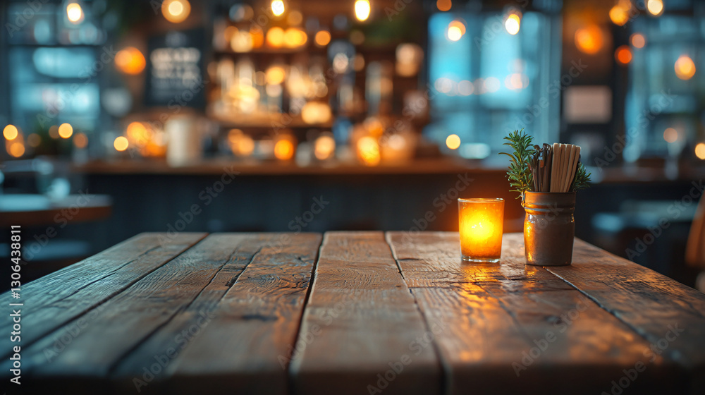 Poster a simple yet elegant table featuring a candle and a small plant creating a serene and cozy atmospher