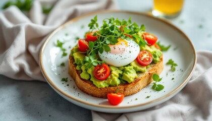Delicious avocado toast with poached egg and cherry tomatoes on rustic plate