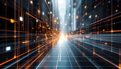 Futuristic digital grid with glowing orange and white lights in abstract corridor