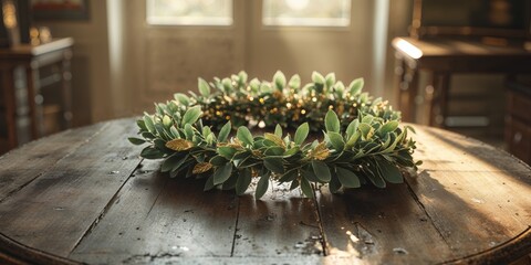 Fototapeta premium Fresh laurel wreath on a wooden table in a cozy study setting