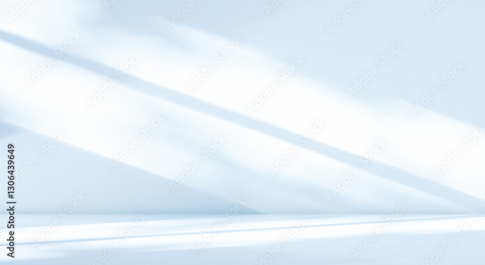 Aufkleber Background Blue light refraction texture overlay on white wall for product present,3D Studio room and podium Display with drop diagonal holographic flare and shadow, prism light effect on floor