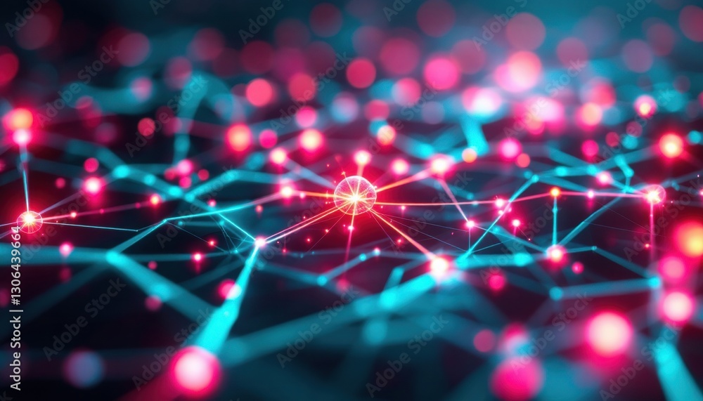 Poster glowing network of interconnected particles in a technological matrix