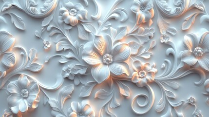 Elegant white floral pattern with intricate 3d blossom and leaf details in soft ambient light