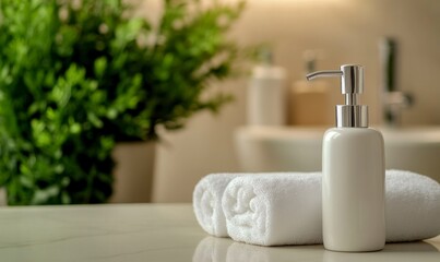 Elegant Bathroom Still Life with Soap Dispenser and Rolled White Towels