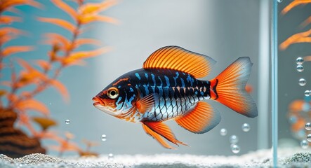 Fototapeta premium Orange and Black Striped Fish in Aquarium.