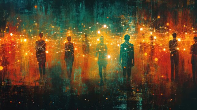 Abstract network of diverse silhouettes in digital interface with glowing connections
