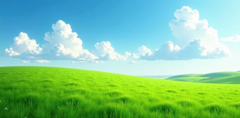 Obraz premium calm and quiet scene of green fields under open sky, clouds, nature, open