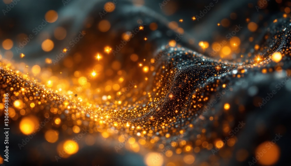 Poster mesmerizing glow of golden particles on dark surface in bokeh effect