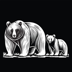 a black and white drawing of a mother bear and her cub! The mama bear looks very strong and protective, standing tall with her little one close beside her. The drawing is done in a bold, graphic styl