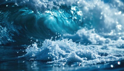 Vibrant ocean waves with splashing water and sunlit surf