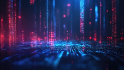 Fototapeta premium Futuristic digital background with abstract dark blue red cityscape and cyber interface design, cybersecurity concept for tech branding and data visualization.