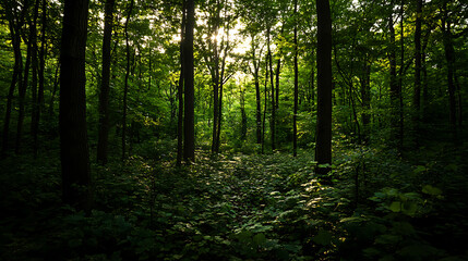 A dense forest with thick tree canopies, sunlight barely penetrating through the foliage