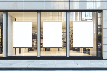 Three blank vertical poster mockups on a glass storefront with reflections of an urban environment. Perfect for retail branding, advertising, and promotional displays