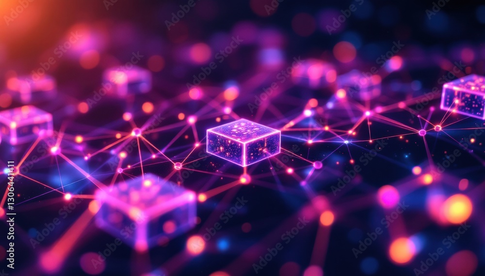 Poster futuristic digital blockchain network with glowing cubes and connected nodes